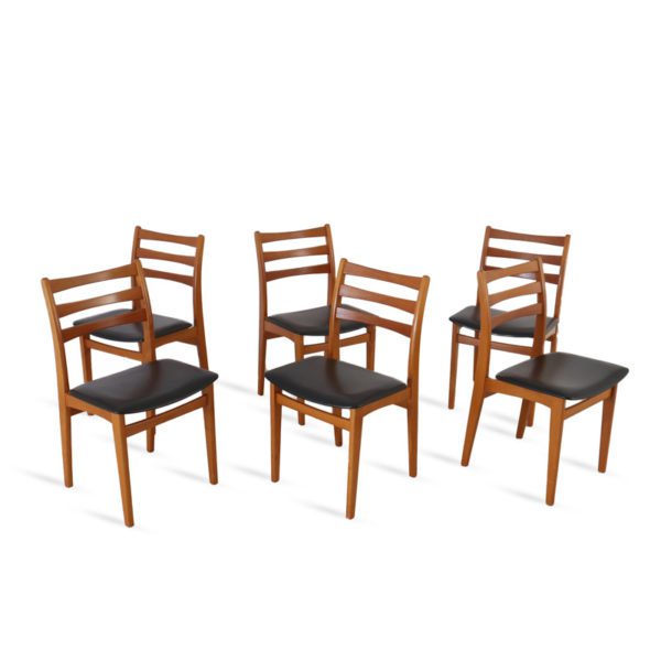 6 stk, Retro Spisestuestoler i Teak og Bøk | Sort Skai